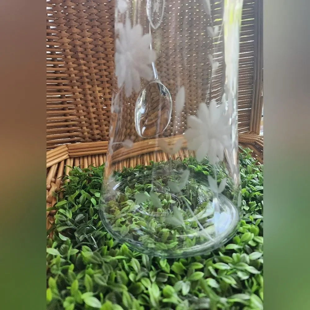 Vintage Etched Floral Pitcher Large